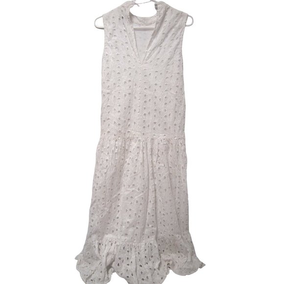 TOPSHOP Womens Broderie Midi Smock Dress 4 White Eyelet Lace Sleeveless Ruffle - Picture 3 of 7